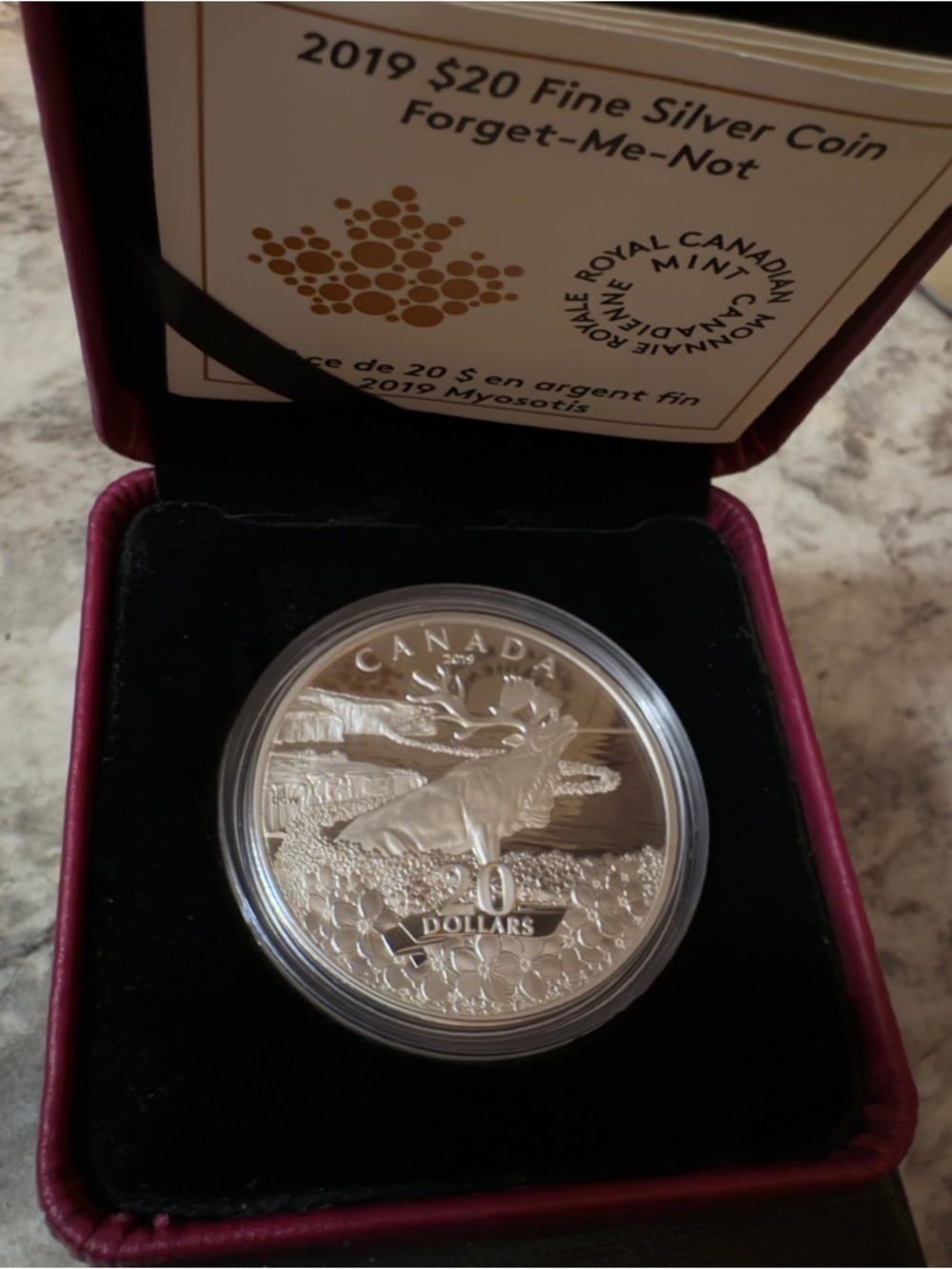 2019 Forget-Me-Not Flowers $20 1OZ Silver Proof Coin Canada Newfoundland Caribou - Picture 2 of 5